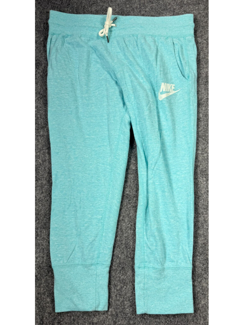 Vintage Nike Womens Capri Sweatpants Medium Aqua Blue Cotton Logo Tapered Leg